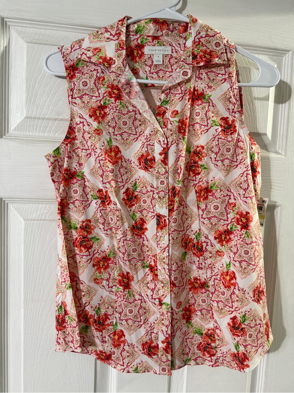 Charter Club Pink Floral Sleeveless Button-Down Blouse